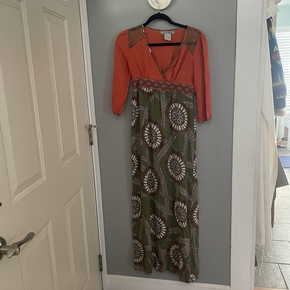 Flying Tomato Orange Multicolor Empire Waist maxi  Boho Dress 3/4 Sleeve Lined L